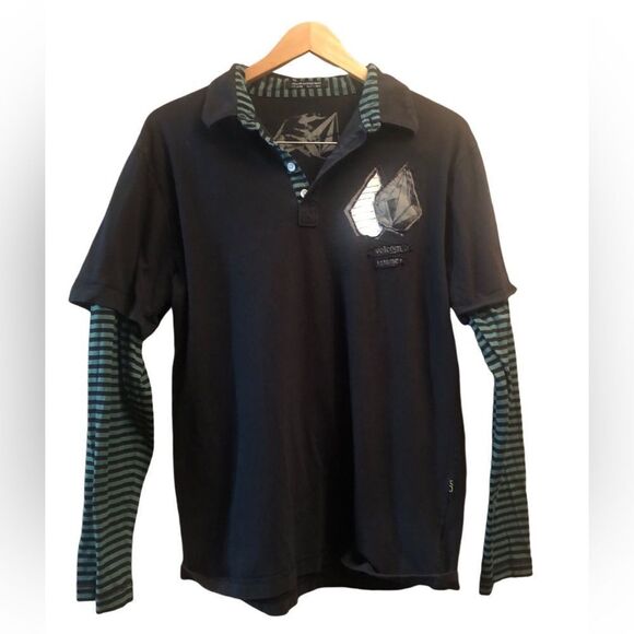 Volcom Long Sleeve Double Layer Tailored Polo Shirt Striped Sleeves Size Large - Picture 1 of 6